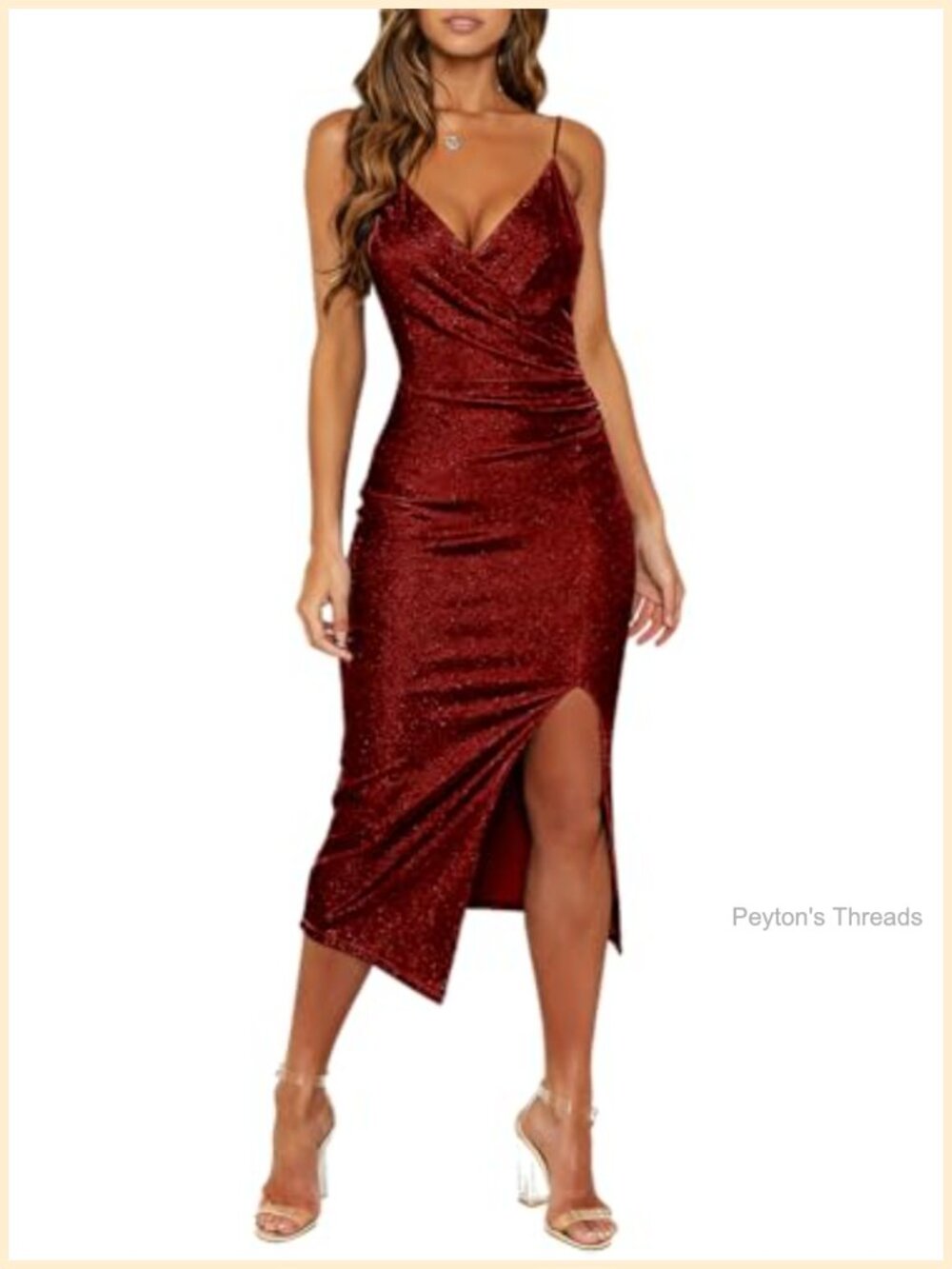 Women's V Neck Spaghetti Strap Wrap Ruched Side Slit Bodycon Cocktail Dress